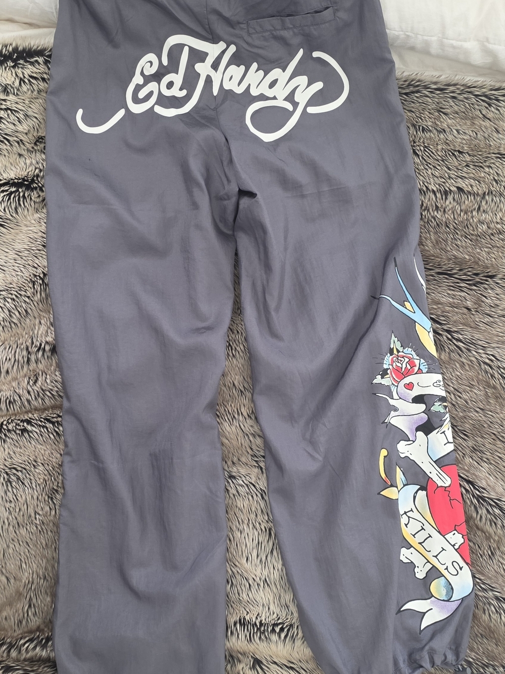 Ed Hardy Gray Wide-Leg Pants with Multicolor Tattoo Graphics - Picture 3 of 3